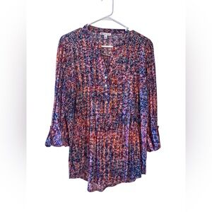 Kate Park Boho Abstract Print Blouse Size Large Flowy Peasant Tunic Top